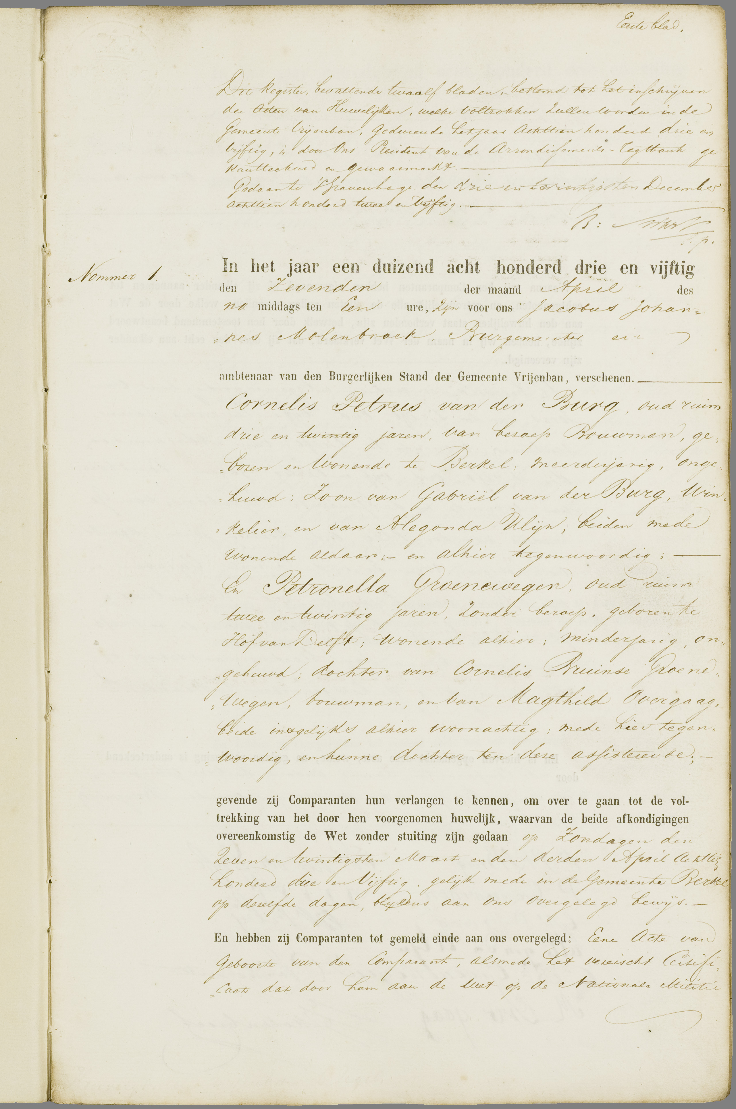Scan 4 uit het bronpakket: Vrijenban: register van huwelijks- en echtscheidingsakten, 1853–1862