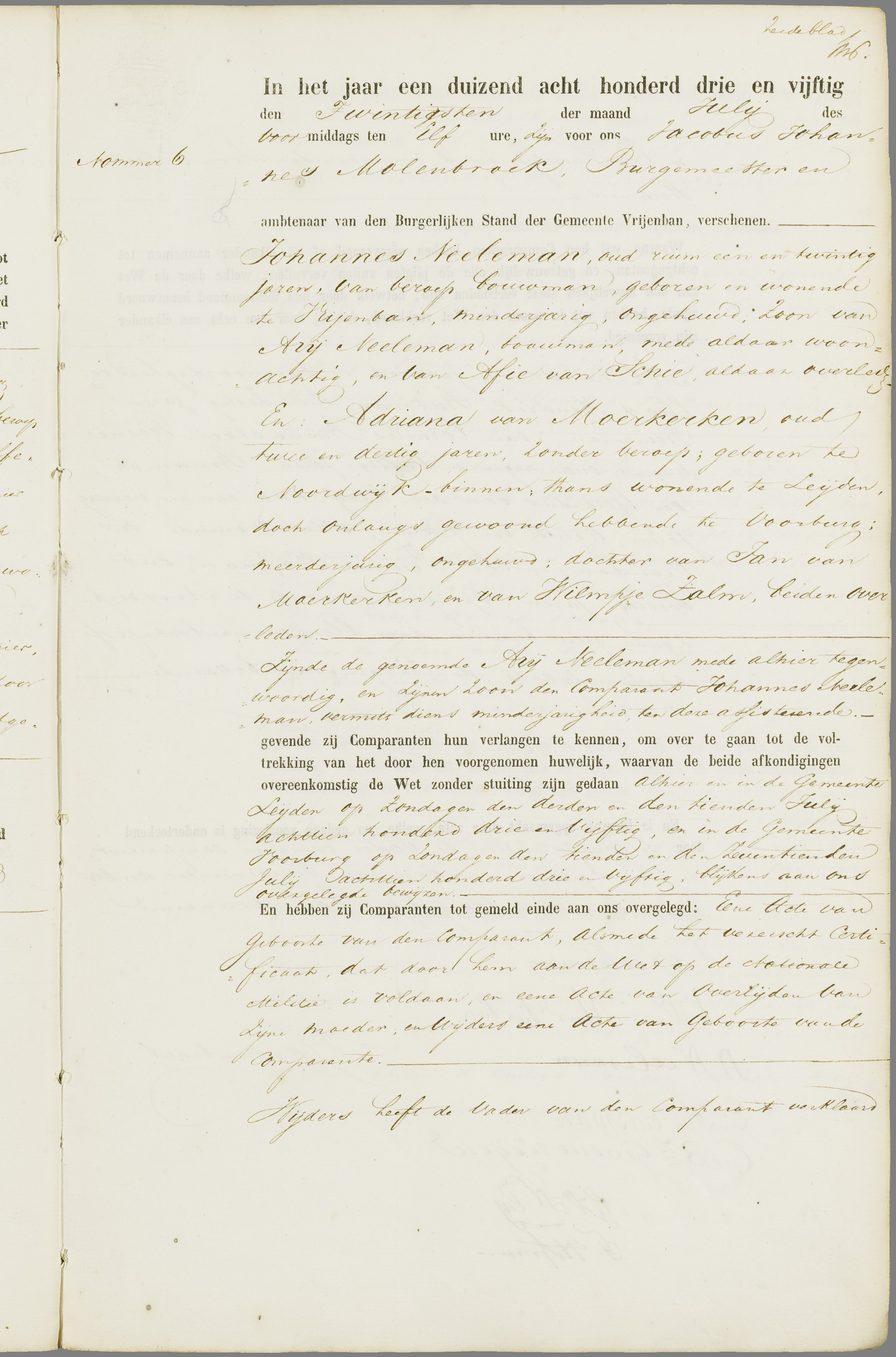 Scan 14 uit het bronpakket: Vrijenban: register van huwelijks- en echtscheidingsakten, 1853–1862