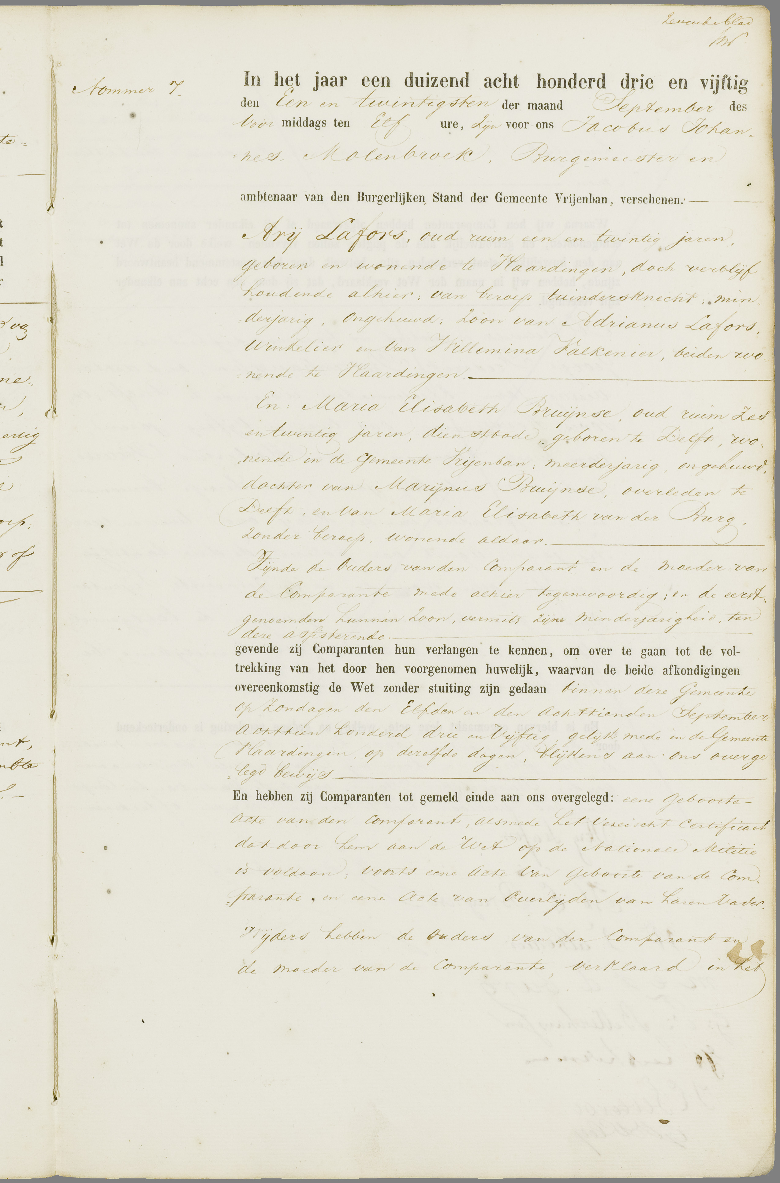 Scan 16 uit het bronpakket: Vrijenban: register van huwelijks- en echtscheidingsakten, 1853–1862