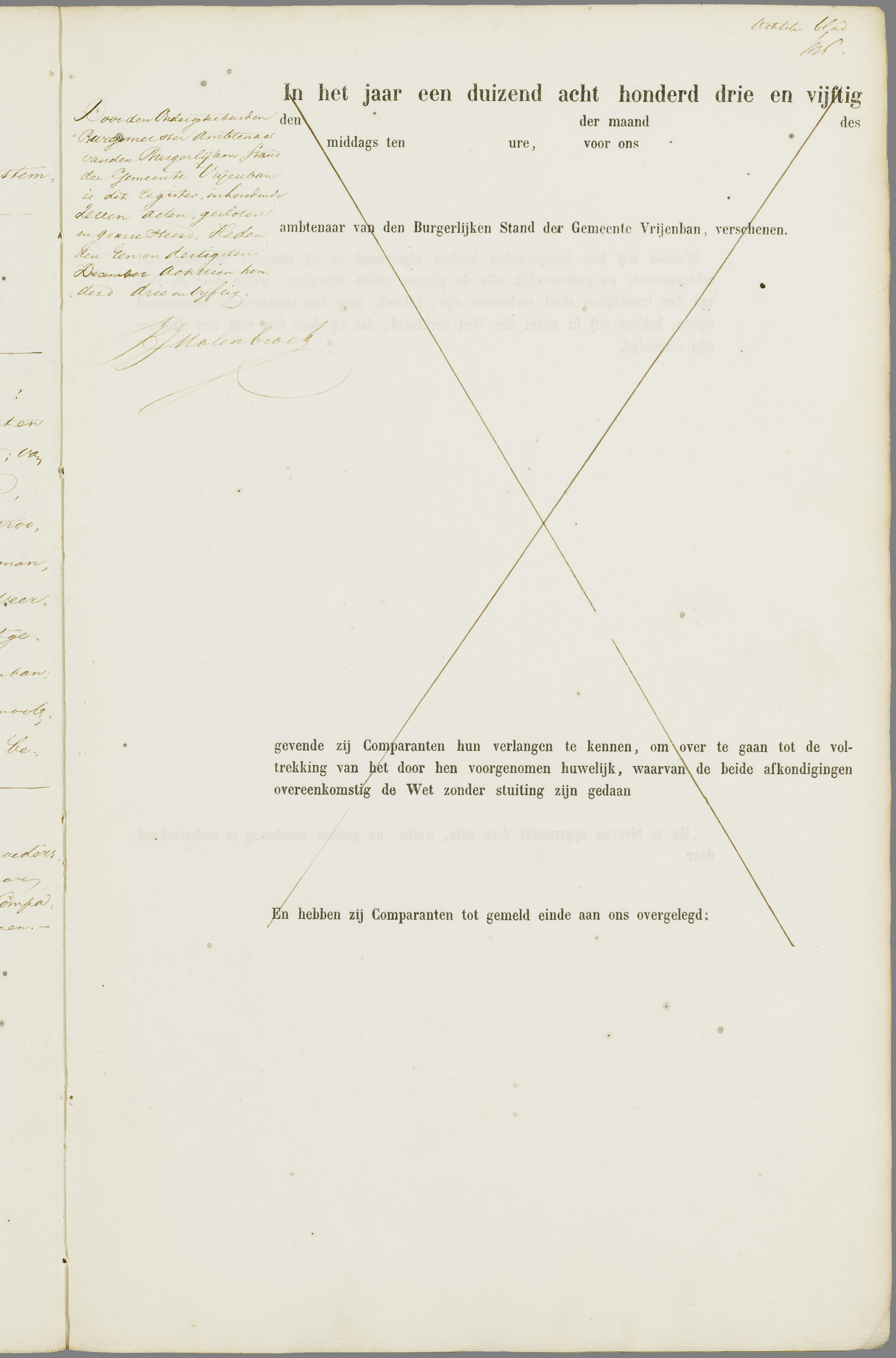 Scan 18 uit het bronpakket: Vrijenban: register van huwelijks- en echtscheidingsakten, 1853–1862