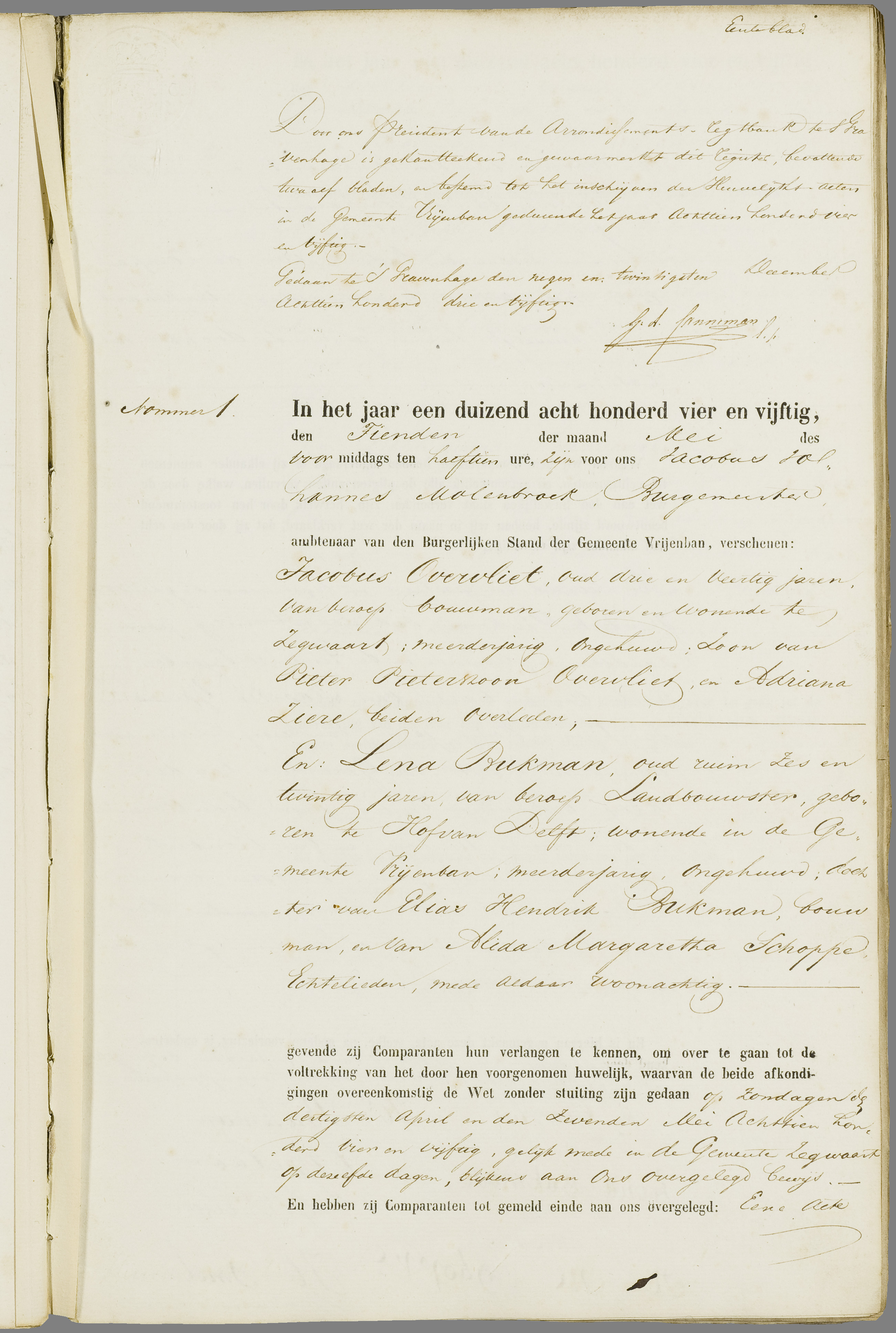 Scan 22 uit het bronpakket: Vrijenban: register van huwelijks- en echtscheidingsakten, 1853–1862