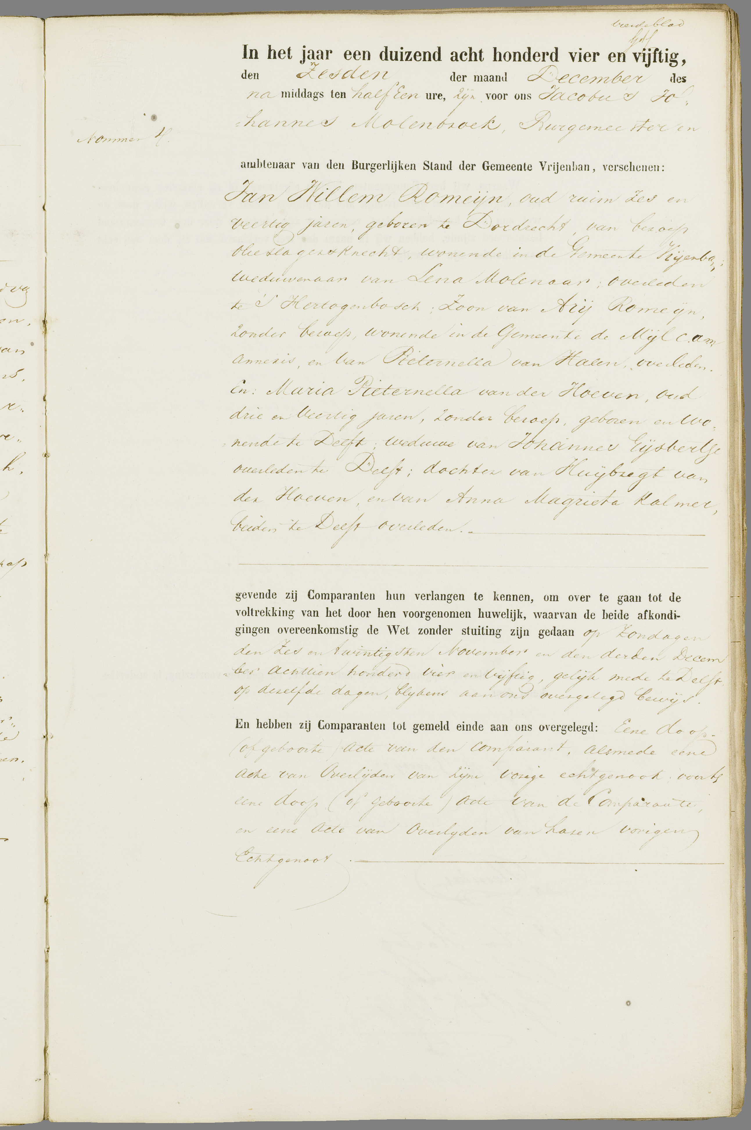 Scan 28 uit het bronpakket: Vrijenban: register van huwelijks- en echtscheidingsakten, 1853–1862
