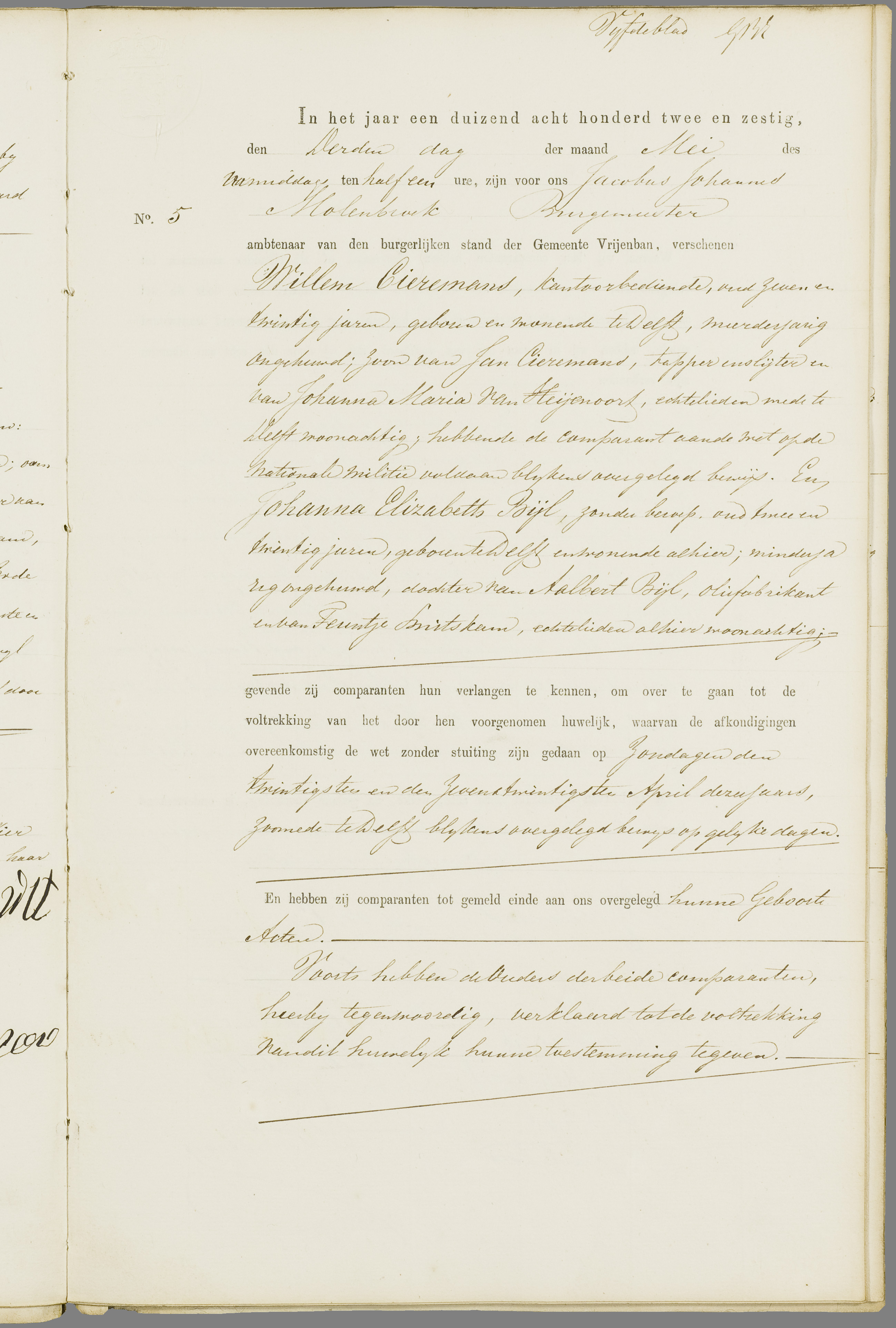 Scan 222 uit het bronpakket: Vrijenban: register van huwelijks- en echtscheidingsakten, 1853–1862