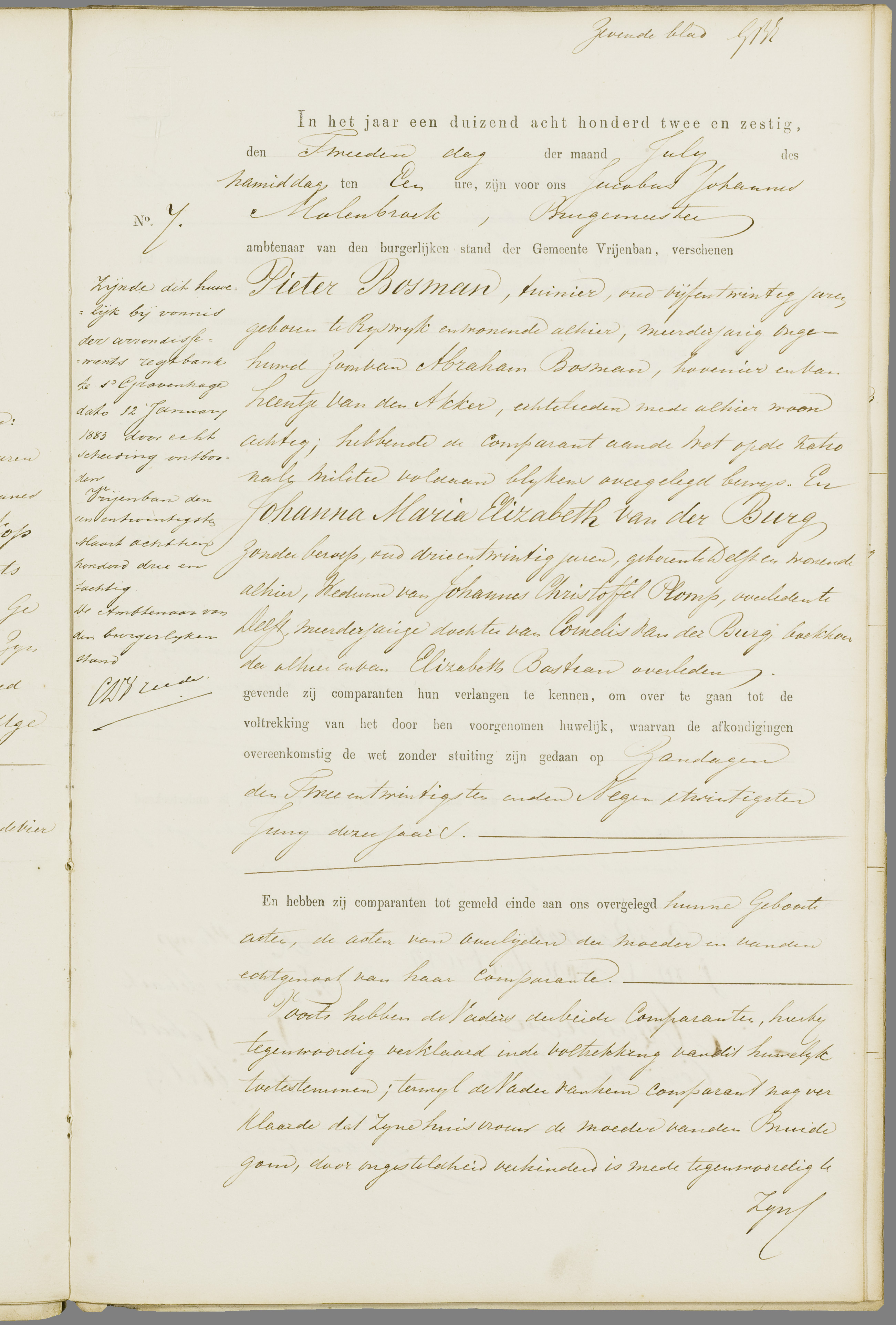 Scan 226 uit het bronpakket: Vrijenban: register van huwelijks- en echtscheidingsakten, 1853–1862