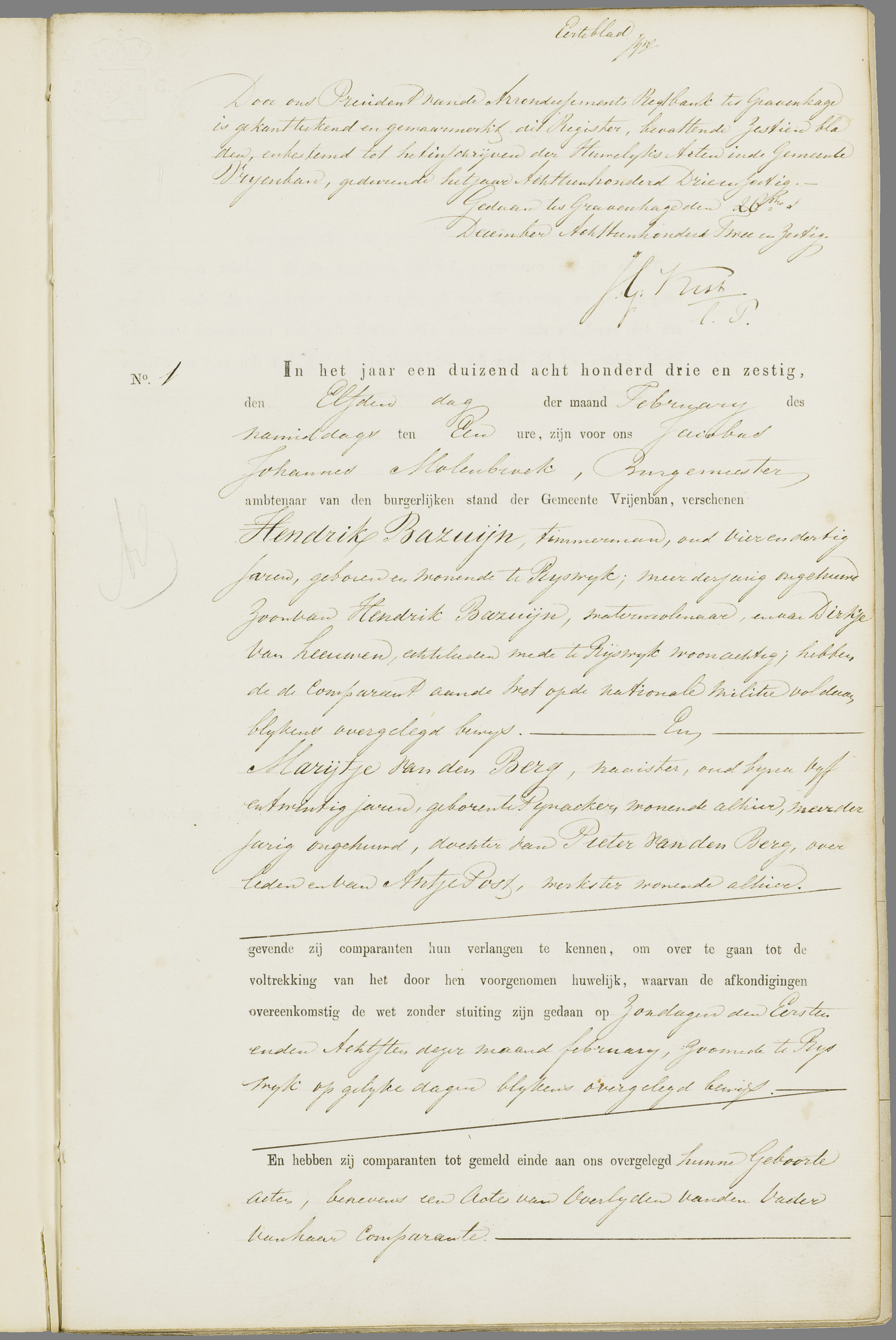 Scan 4 uit het bronpakket: Vrijenban: register van huwelijks- en echtscheidingsakten, 1863–1872