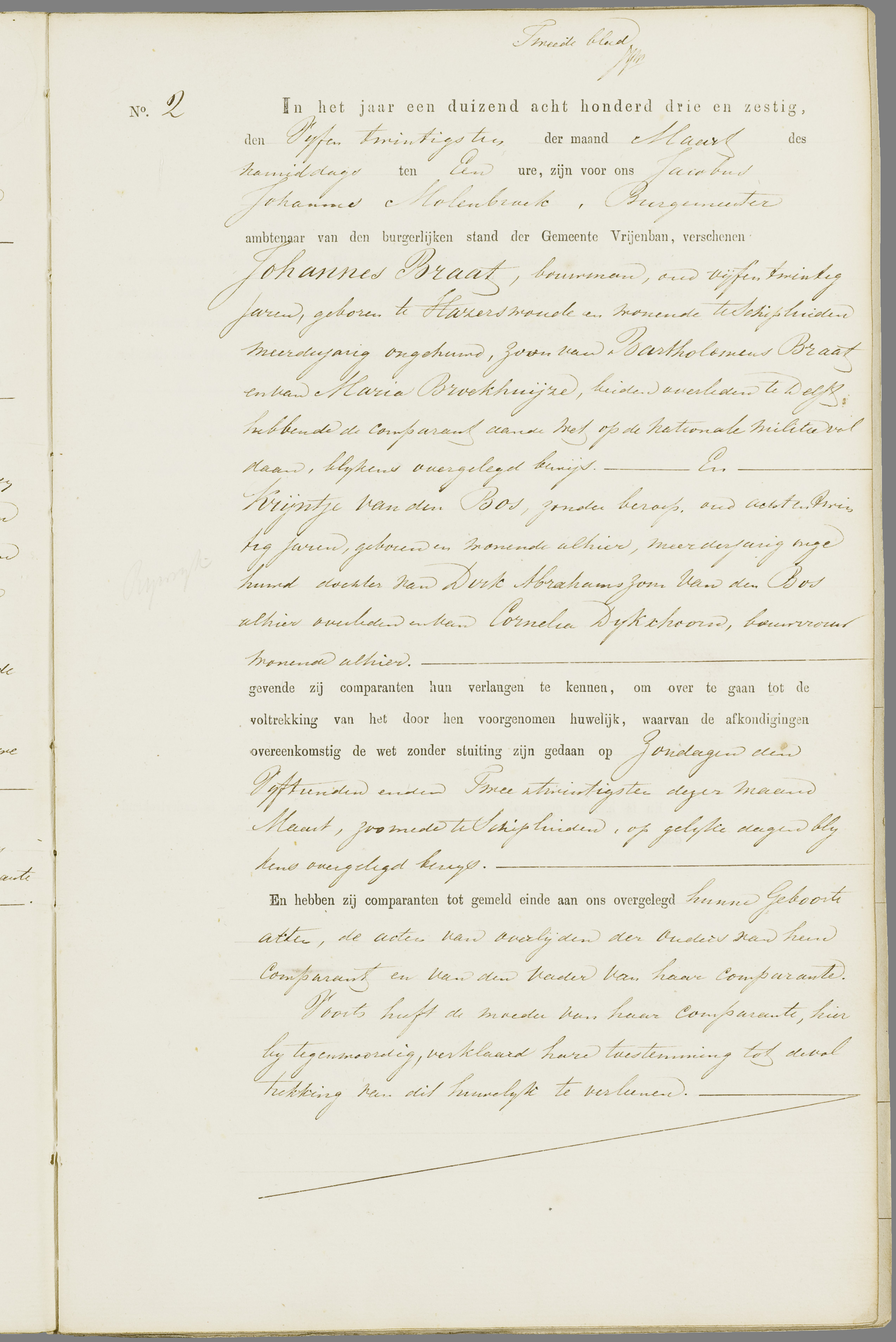 Scan 6 uit het bronpakket: Vrijenban: register van huwelijks- en echtscheidingsakten, 1863–1872