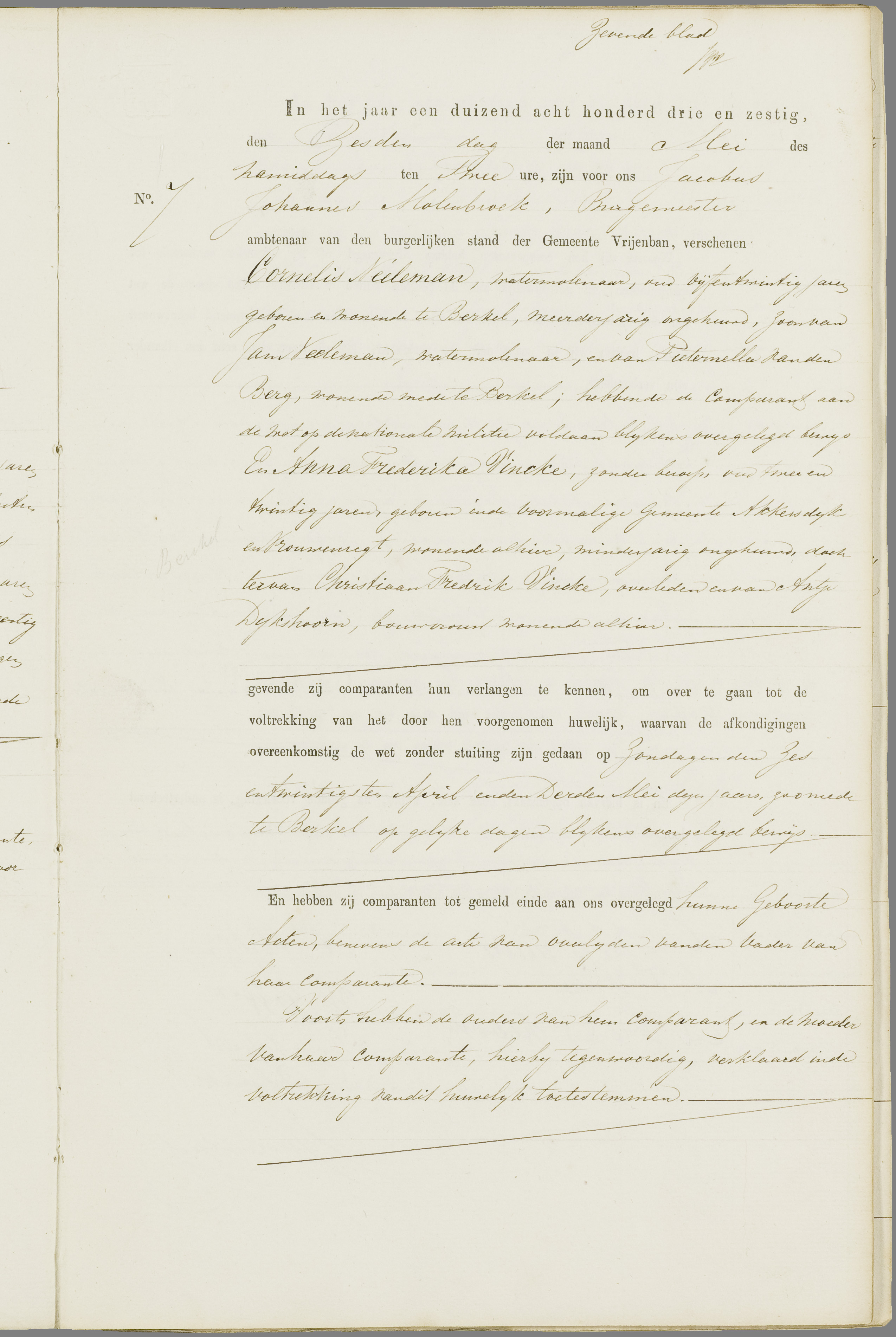 Scan 16 uit het bronpakket: Vrijenban: register van huwelijks- en echtscheidingsakten, 1863–1872