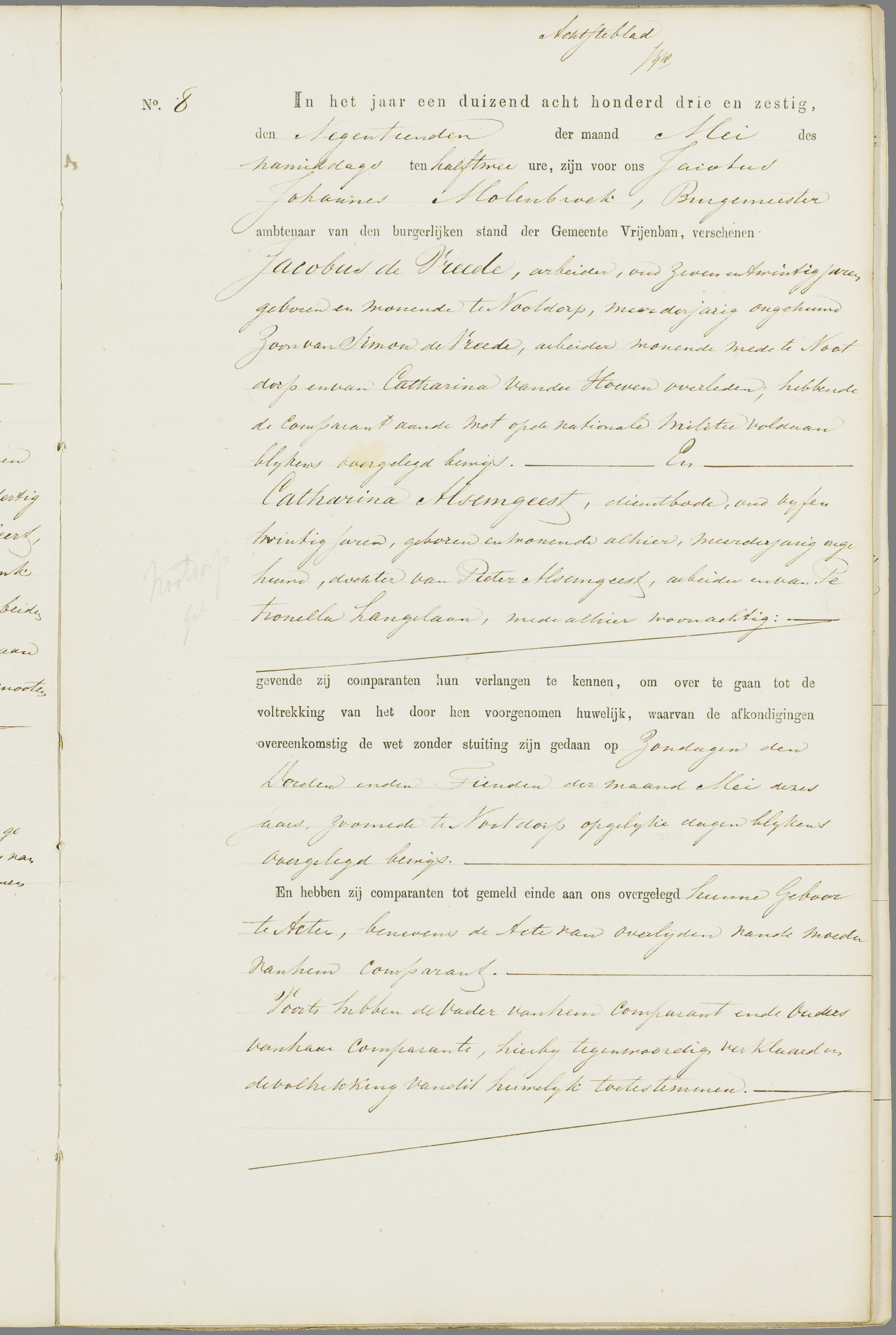 Scan 18 uit het bronpakket: Vrijenban: register van huwelijks- en echtscheidingsakten, 1863–1872