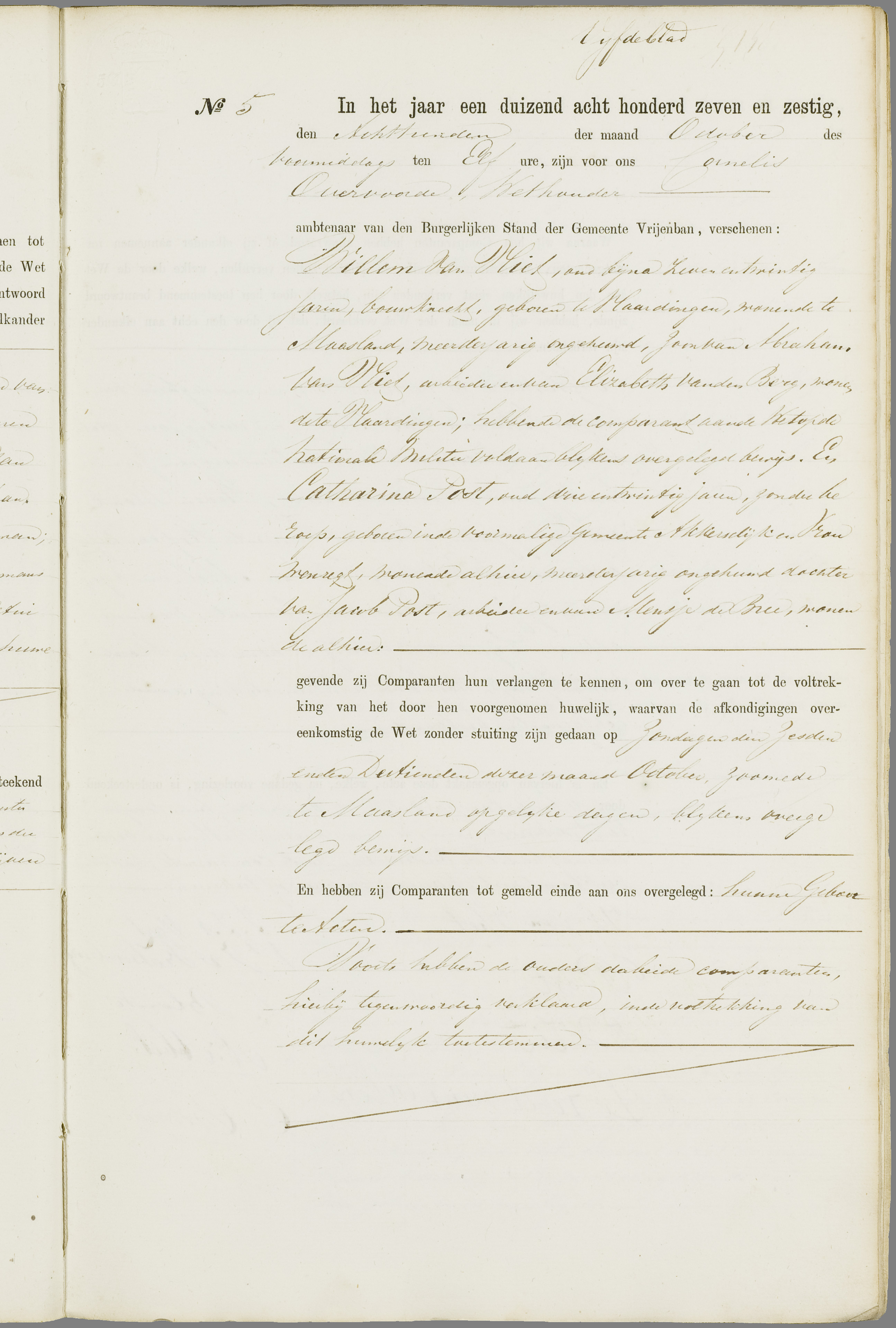 Scan 124 uit het bronpakket: Vrijenban: register van huwelijks- en echtscheidingsakten, 1863–1872