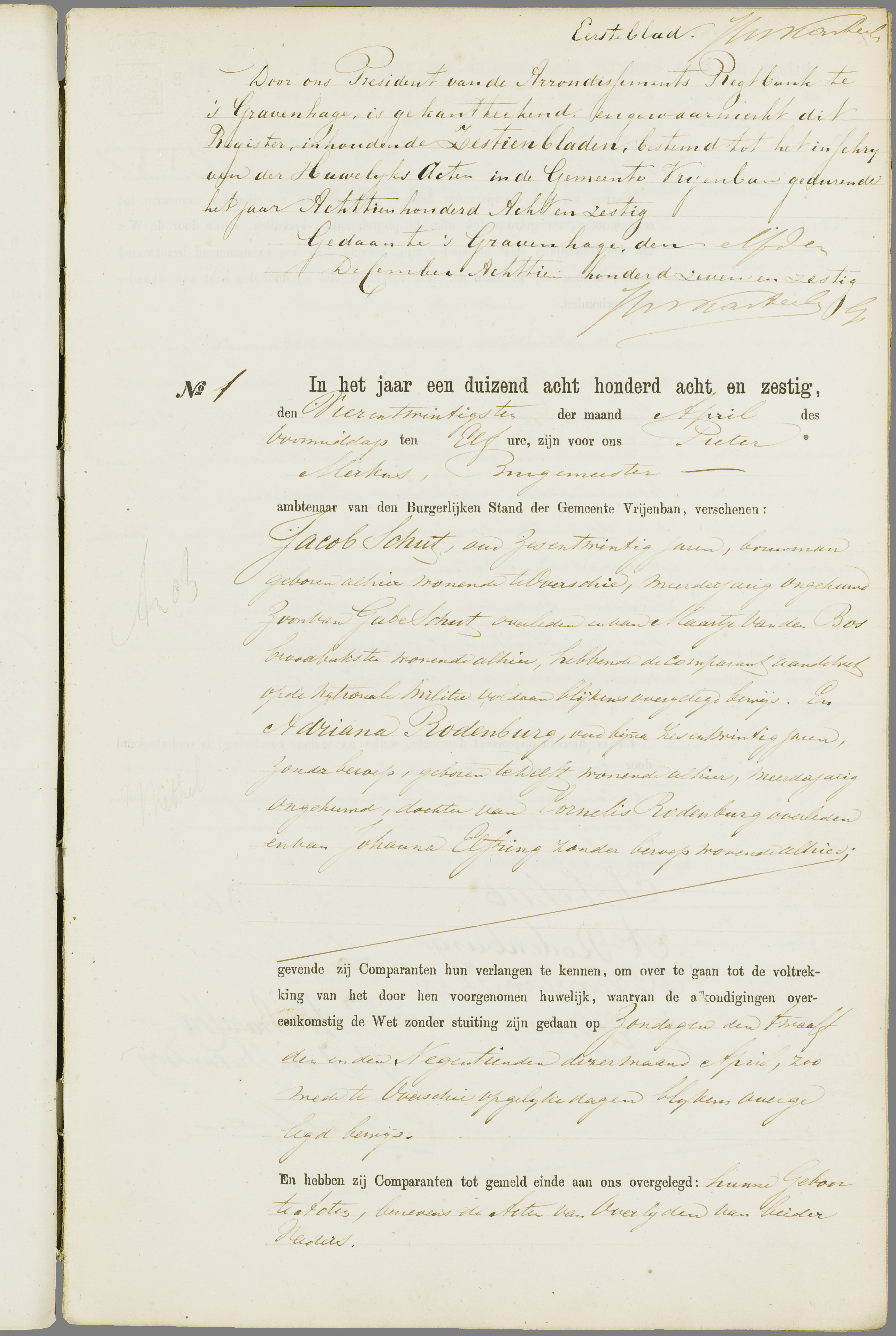 Scan 134 uit het bronpakket: Vrijenban: register van huwelijks- en echtscheidingsakten, 1863–1872