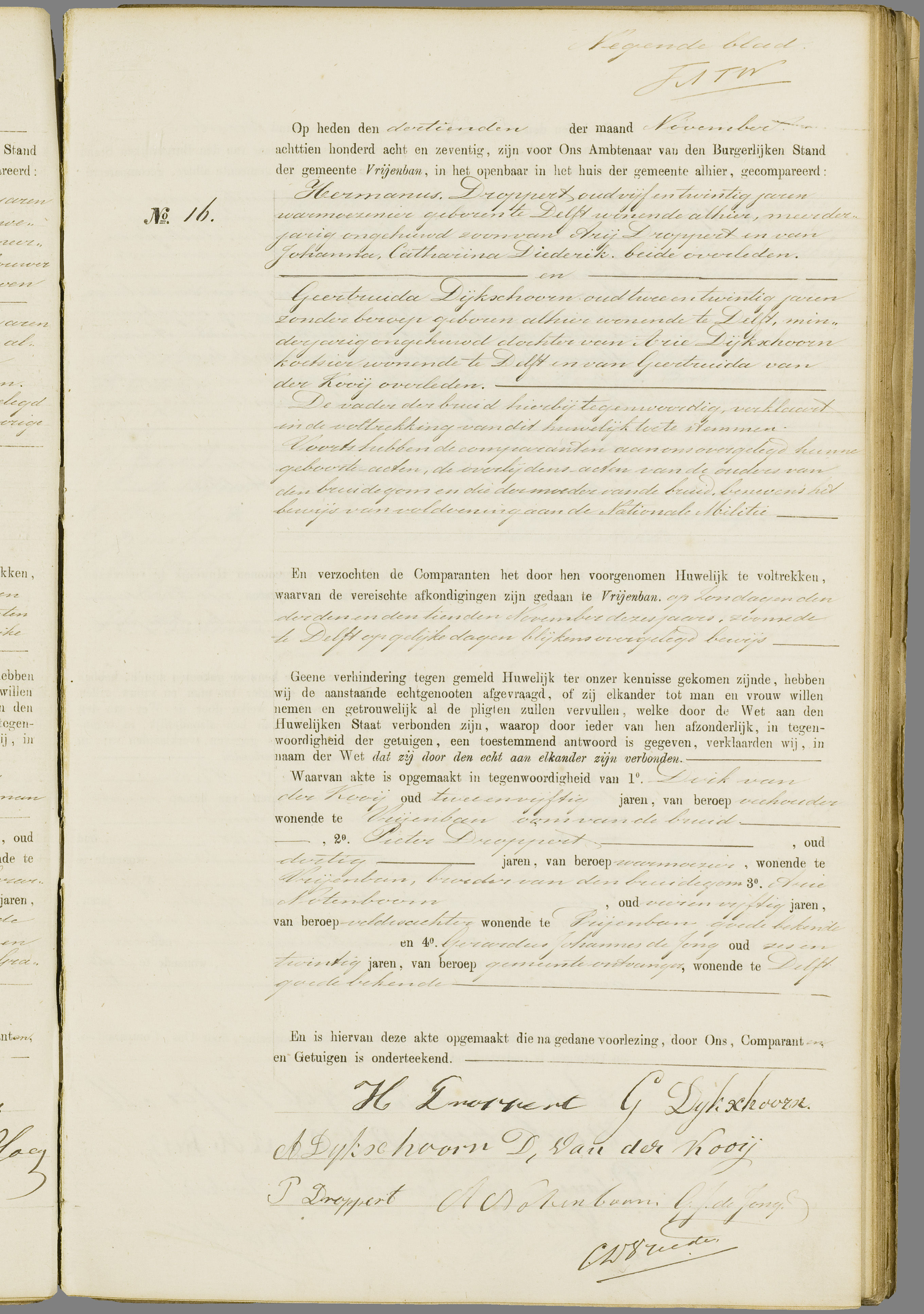 Scan 182 uit het bronpakket: Vrijenban: register van huwelijks- en echtscheidingsakten, 1873–1882