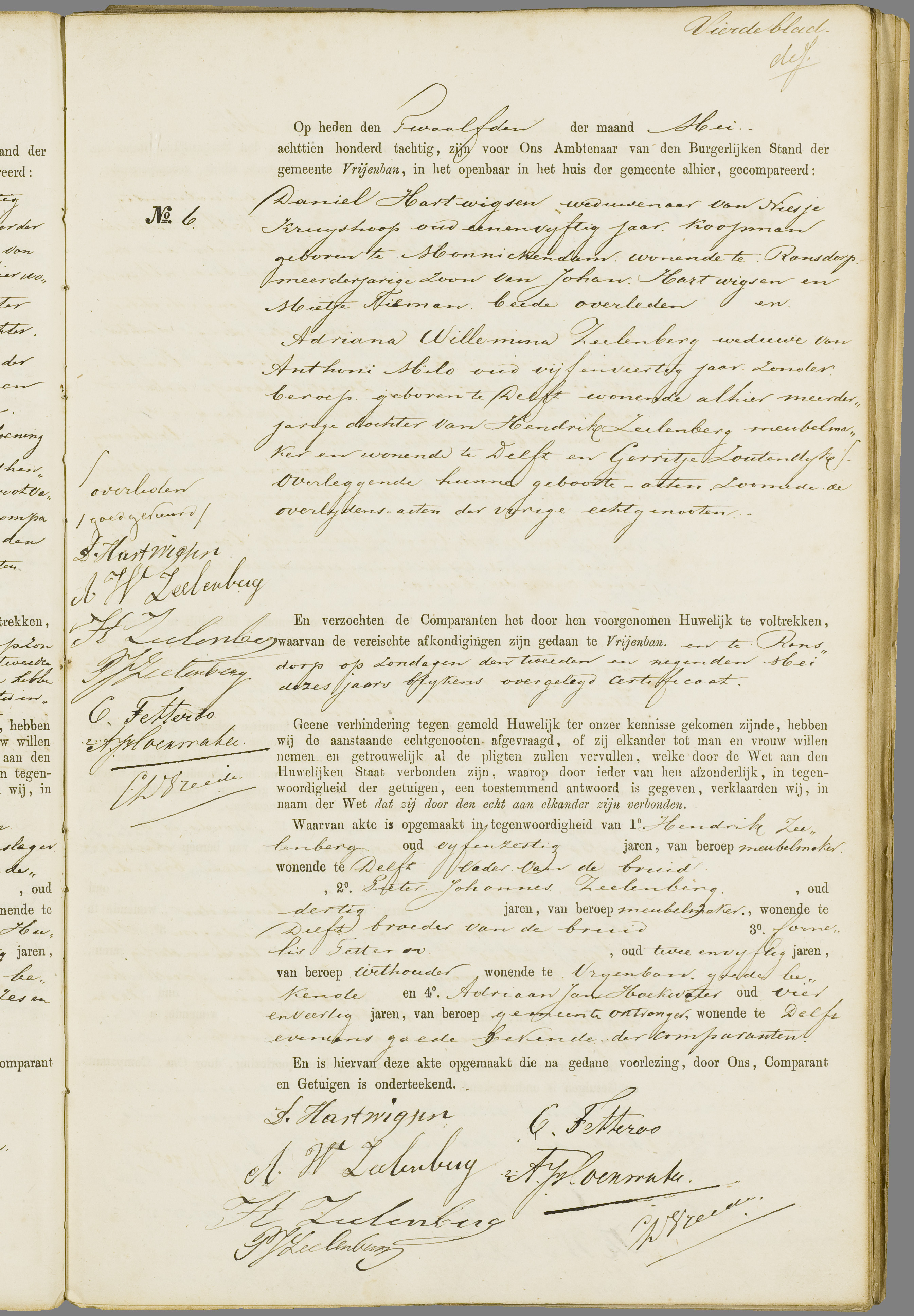 Scan 214 uit het bronpakket: Vrijenban: register van huwelijks- en echtscheidingsakten, 1873–1882