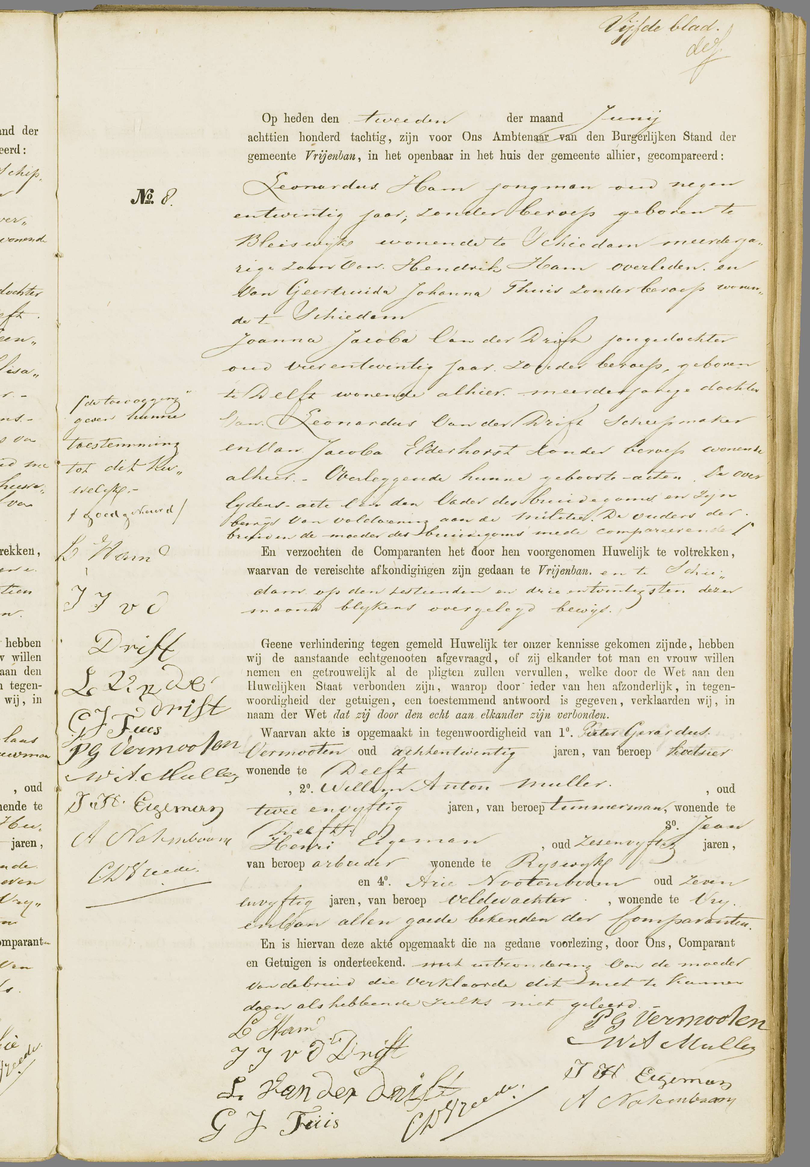 Scan 216 uit het bronpakket: Vrijenban: register van huwelijks- en echtscheidingsakten, 1873–1882