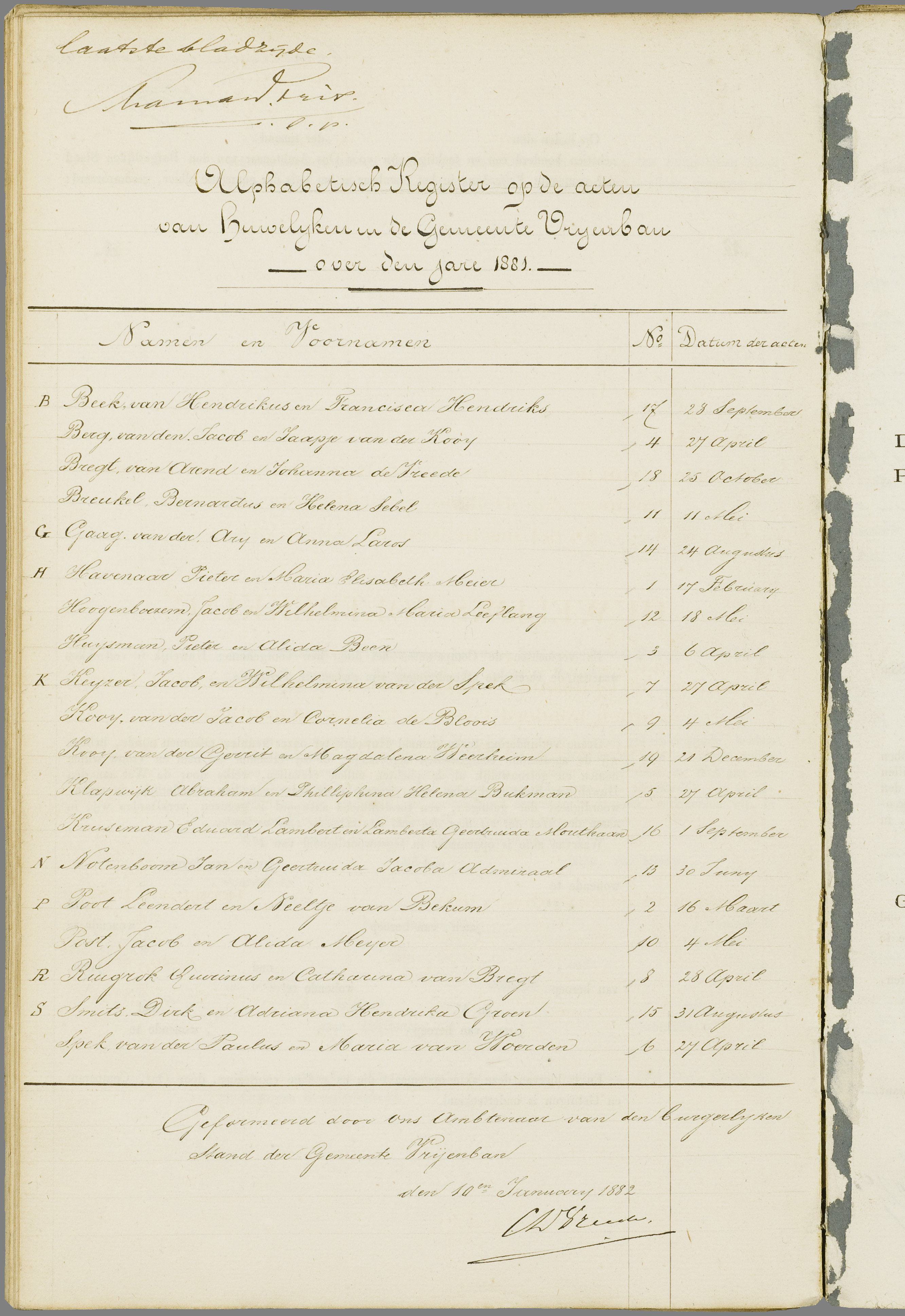 Scan 245 uit het bronpakket: Vrijenban: register van huwelijks- en echtscheidingsakten, 1873–1882