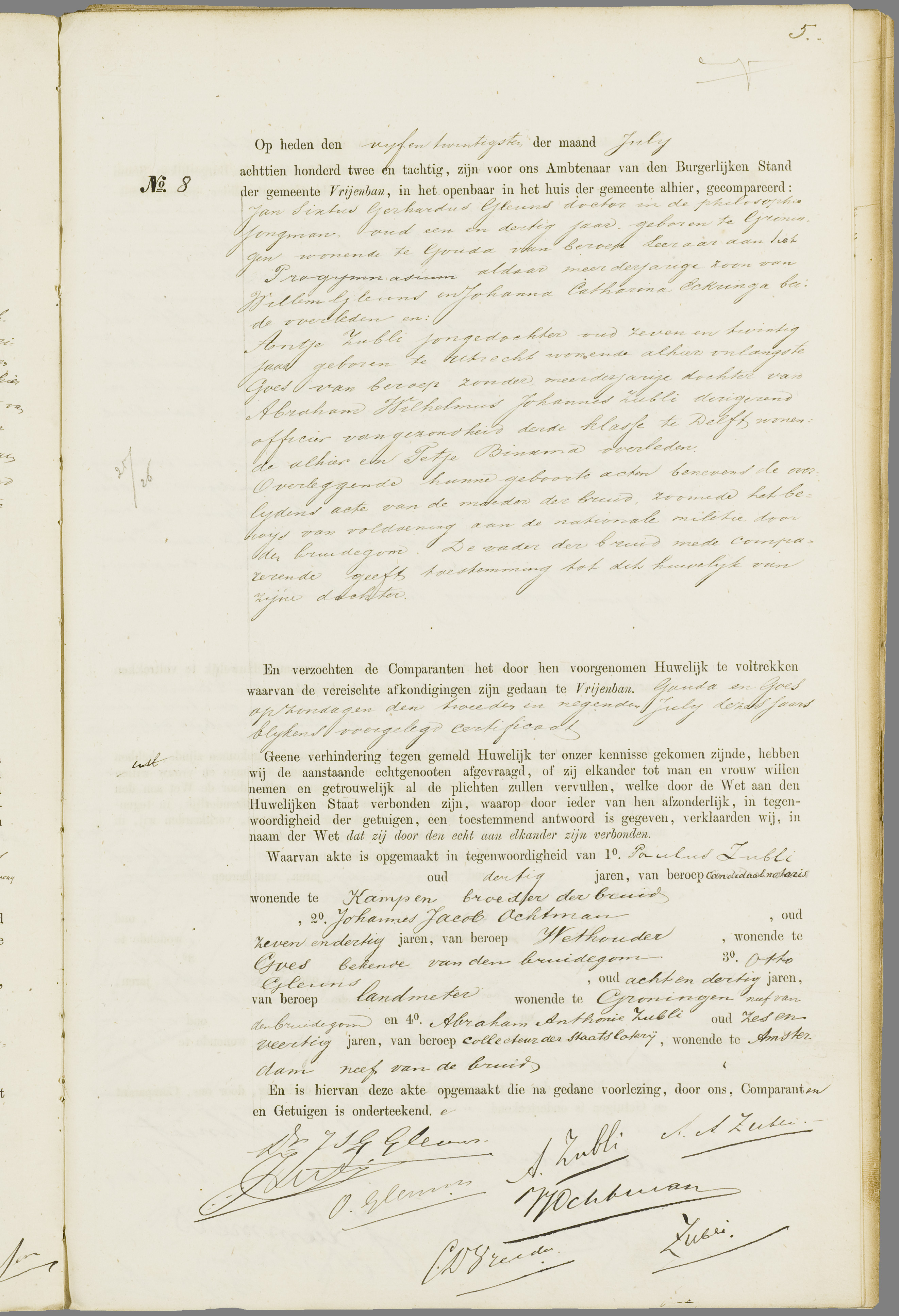 Scan 254 uit het bronpakket: Vrijenban: register van huwelijks- en echtscheidingsakten, 1873–1882