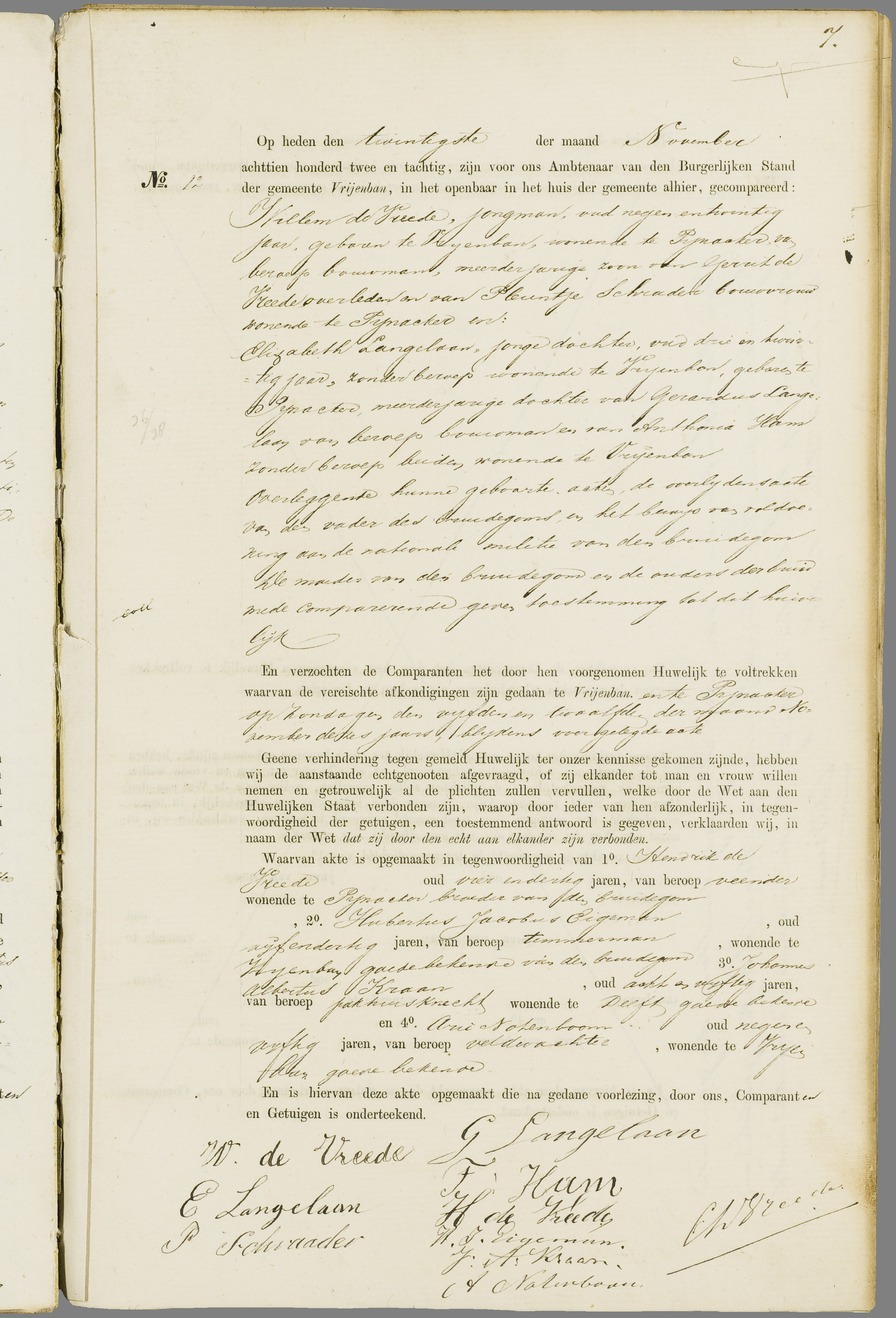 Scan 258 uit het bronpakket: Vrijenban: register van huwelijks- en echtscheidingsakten, 1873–1882