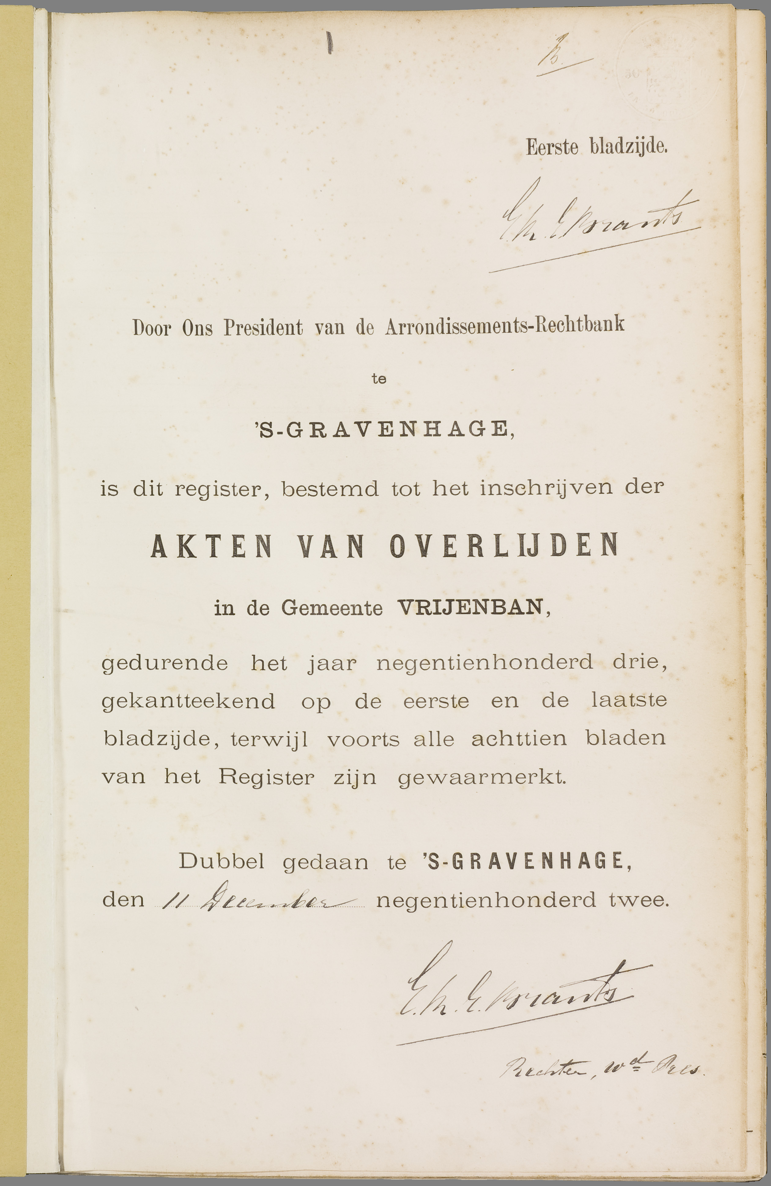 Scan 2 uit het bronpakket: Vrijenban: overlijdensakten 1903–1912