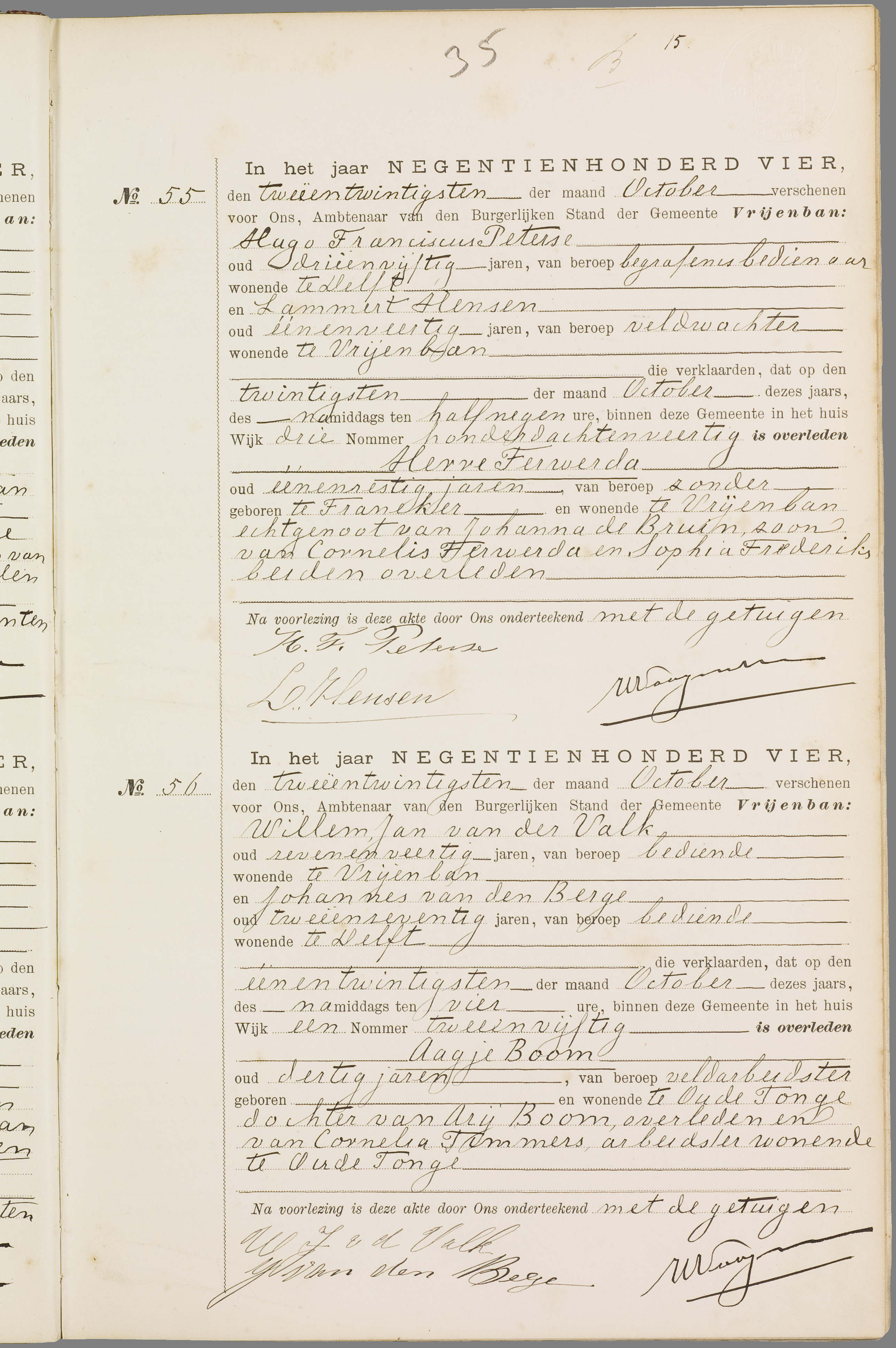 Scan 66 uit het bronpakket: Vrijenban: overlijdensakten 1903–1912