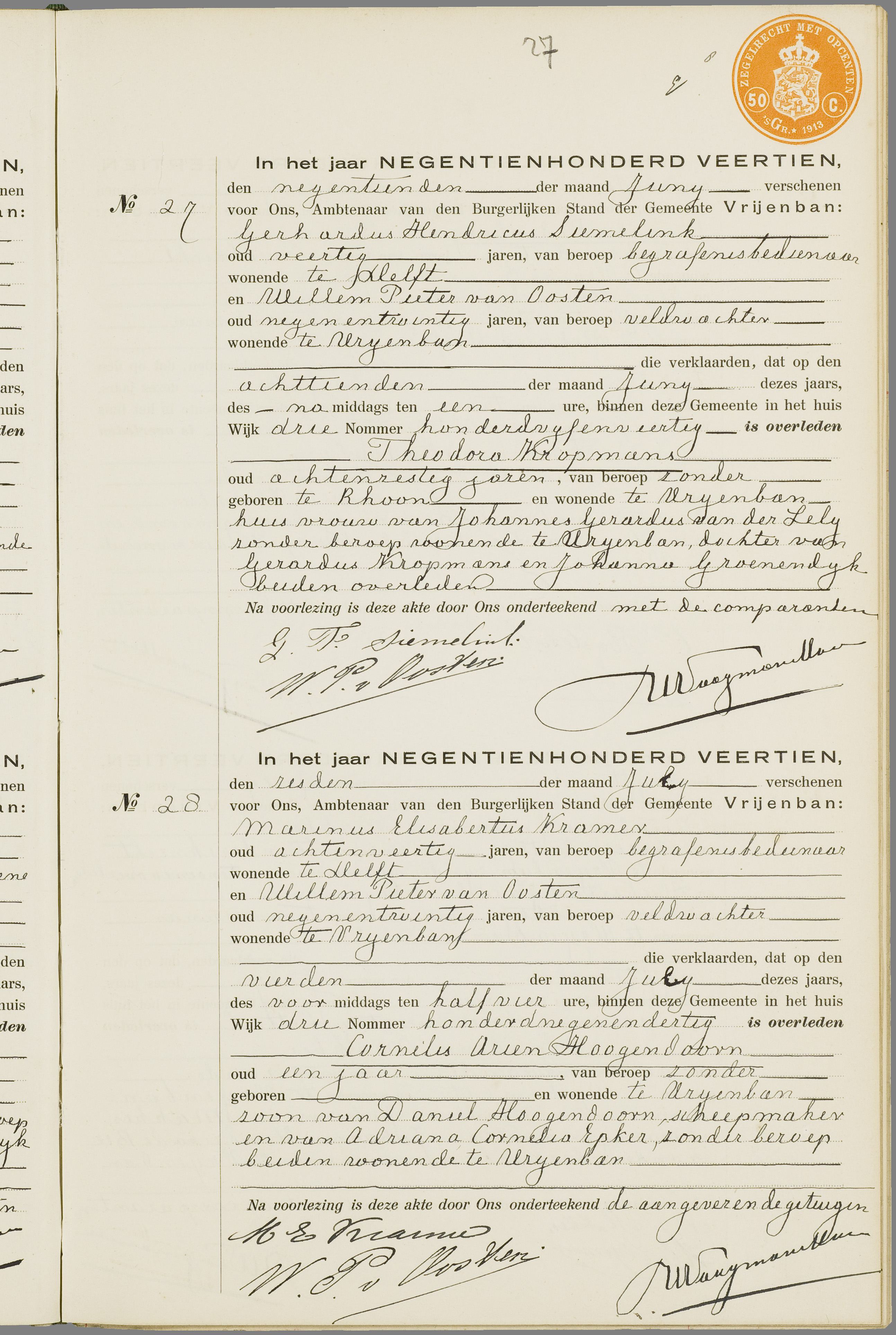 Scan 54 uit het bronpakket: Vrijenban: overlijdensakten 1913–1920